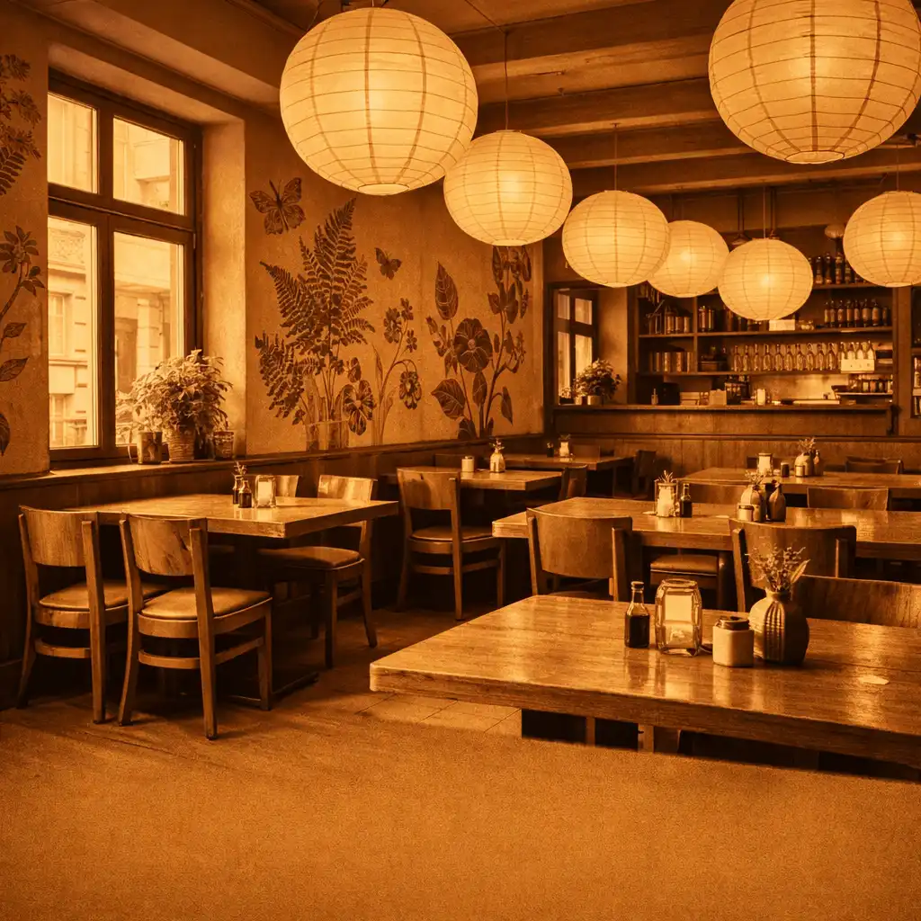 Hlavní sál restaurace s dřevěnými stoly a papírovými lampami