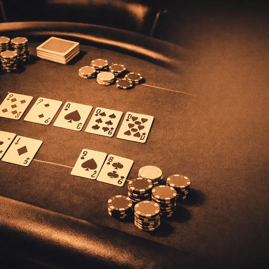 Hlavní pokerový stůl s rozloženými kartami a žetony