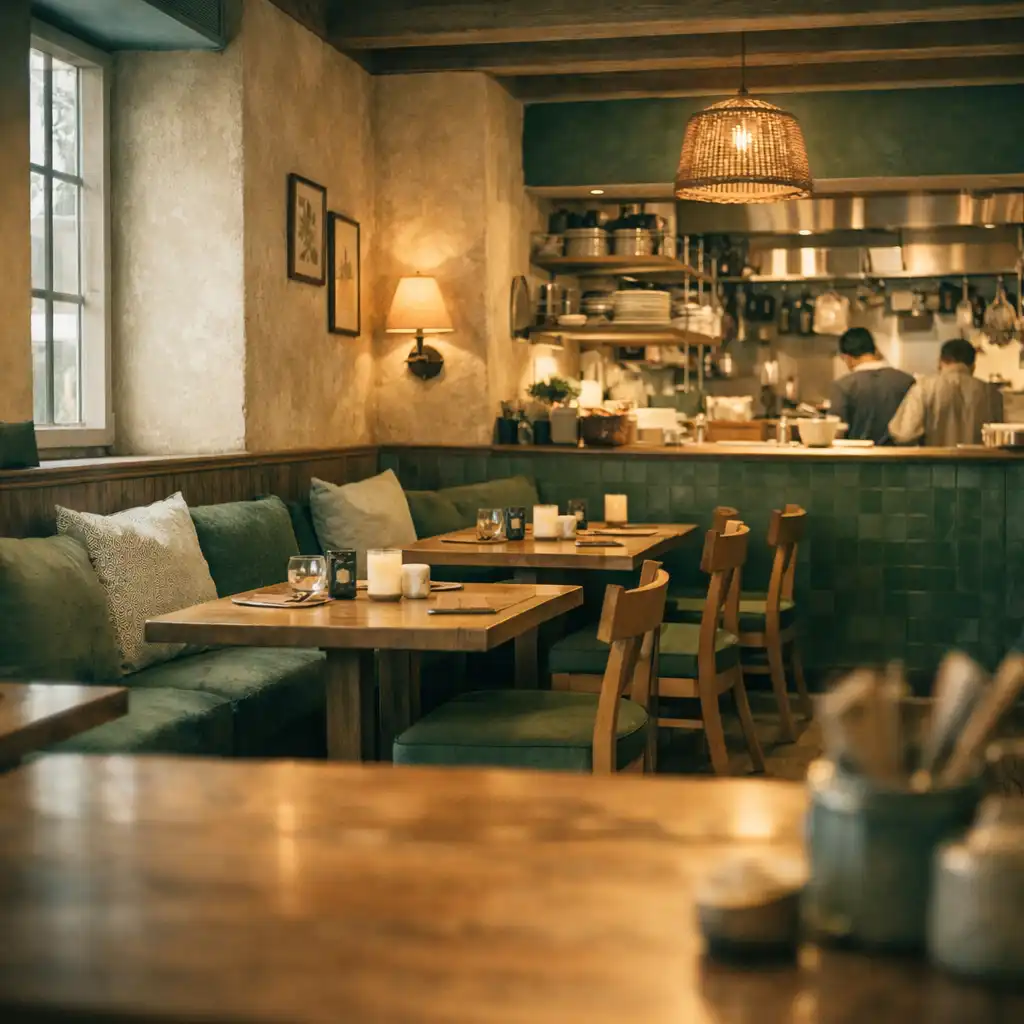 Teplý interiér restaurace Gurmanské Centrum s dřevěnými stoly a jemným osvětlením