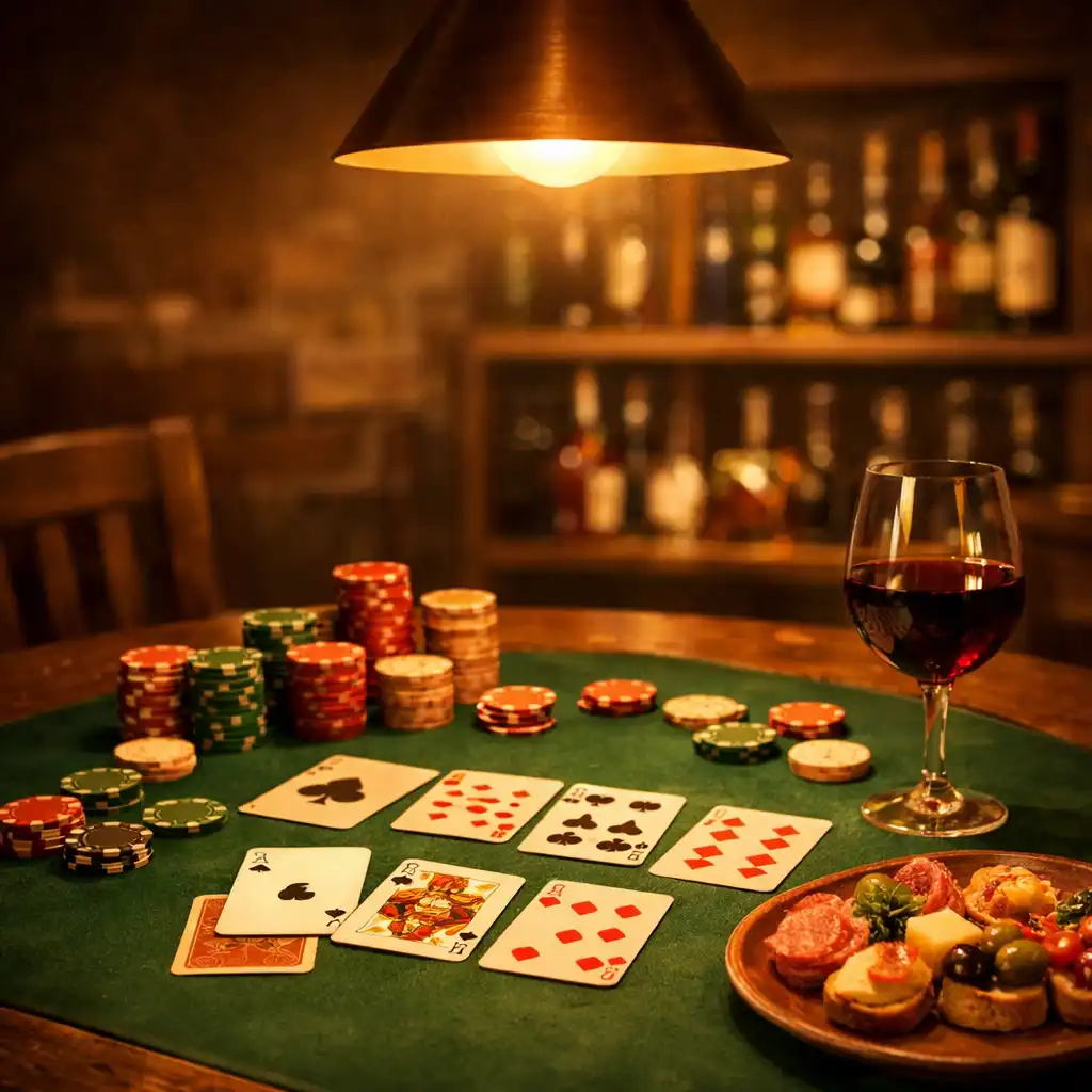Teplá atmosféra pokerového večera v rustikální restauraci s dřevěným stolem, kartami, žetony, sklenkou vína a malými chuťovkami