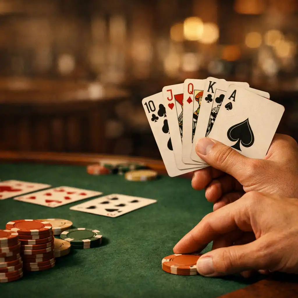 Detailní záběr rukou držících karty u pokerového stolu, jedna ruka sahá po žetonu