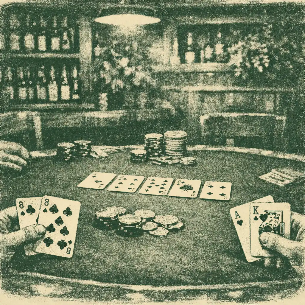 Fyzický pokerový stůl v útulném salonku s teplým osvětlením, zeleným plátnem a dřevěným okrajem