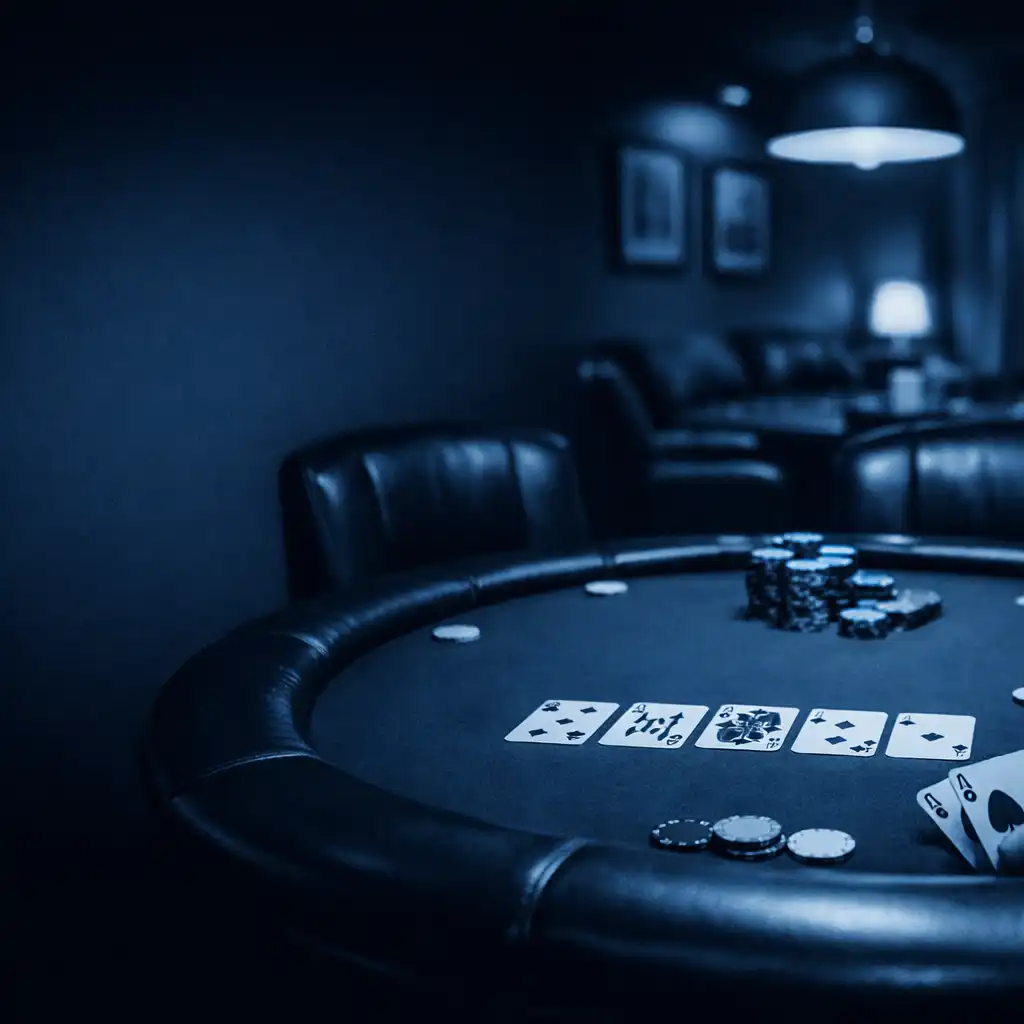 Pokerový salonek s kulatým stolem a koženými židlemi