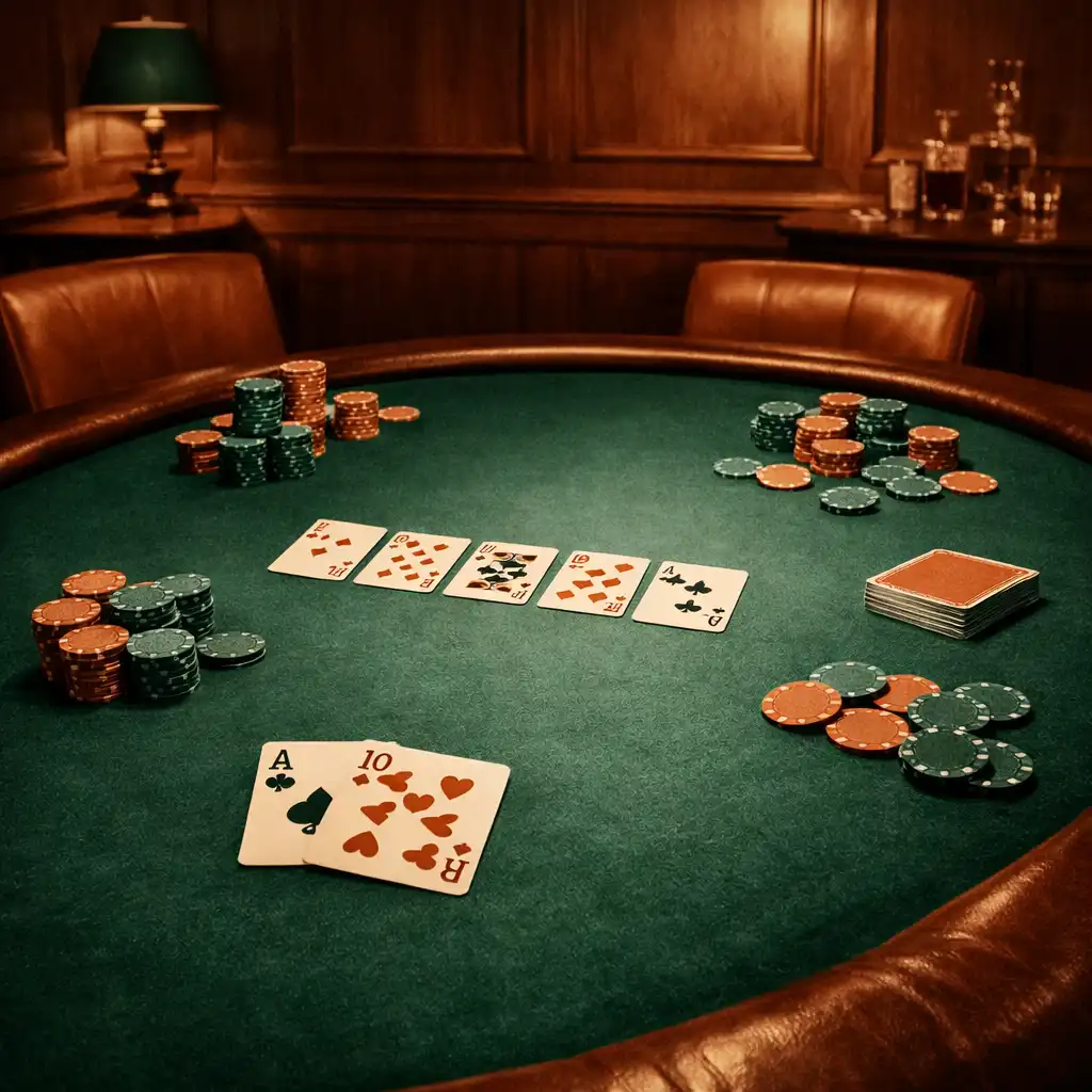Pokerový stůl v odděleném salonku Gurmanské Centrum s rozloženými kartami a žetony
