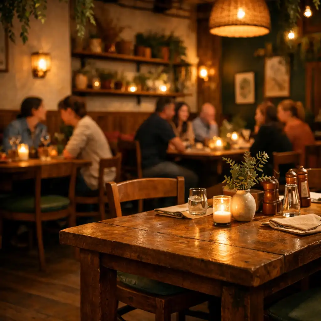 Atmosféra restaurace během večera s dřevěnými stoly, teplým osvětlením a jemnými botanickými dekoracemi
